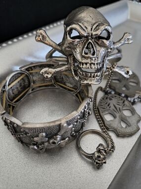 Dark Romance Slave Bracelet , Earrings* Stretch Skull Set *LUXURY GOTH